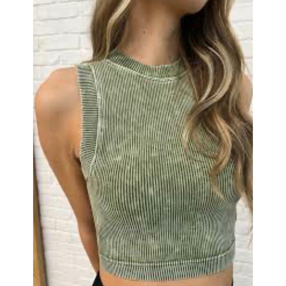 Zenana Ribbed Seamless Mineral Wash Crop Top Padded Olive Green‎ L/XL NTW-6165A